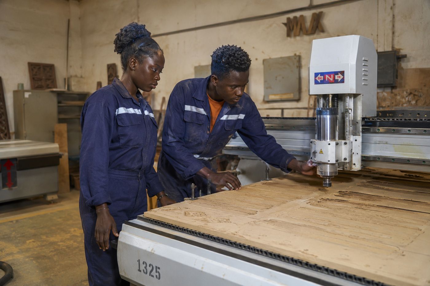 Deux stagiaires en combinaison observent l'usinage d'un panneau sur une défonceuse CNC 1325.