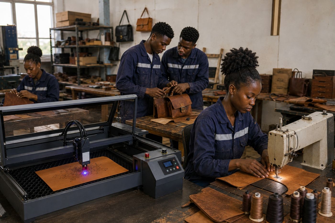 Atelier de maroquinerie : gravure laser d'un motif sur cuir, couture et assemblage de sacs en arrière-plan.